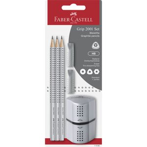 Faber-Castell Schreibset Grip 2001 Set silber, 6-teilig, Bleistift Härte B, Radiergummi und Spitzer