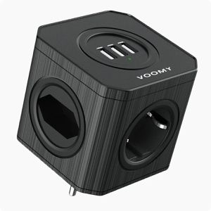 Voomy Steckdosenwürfel Split X4S, mit Schalter, schwarz, 3-fach Schutzkontakt, 1x Euro-Steckdose, 3x USB-A, ohne Kabel