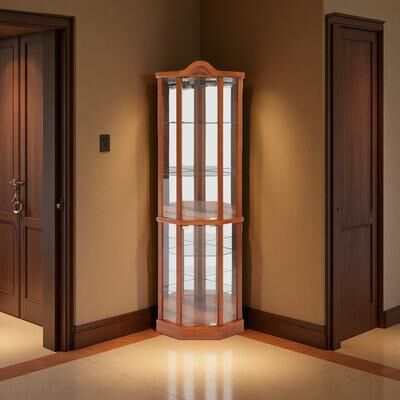 ZWYO HOSIMU Corner Glass Display Cabinet with Built-In Light & 4 Adjustable Shelves Carved Decoration Curio for Collectibles Wine