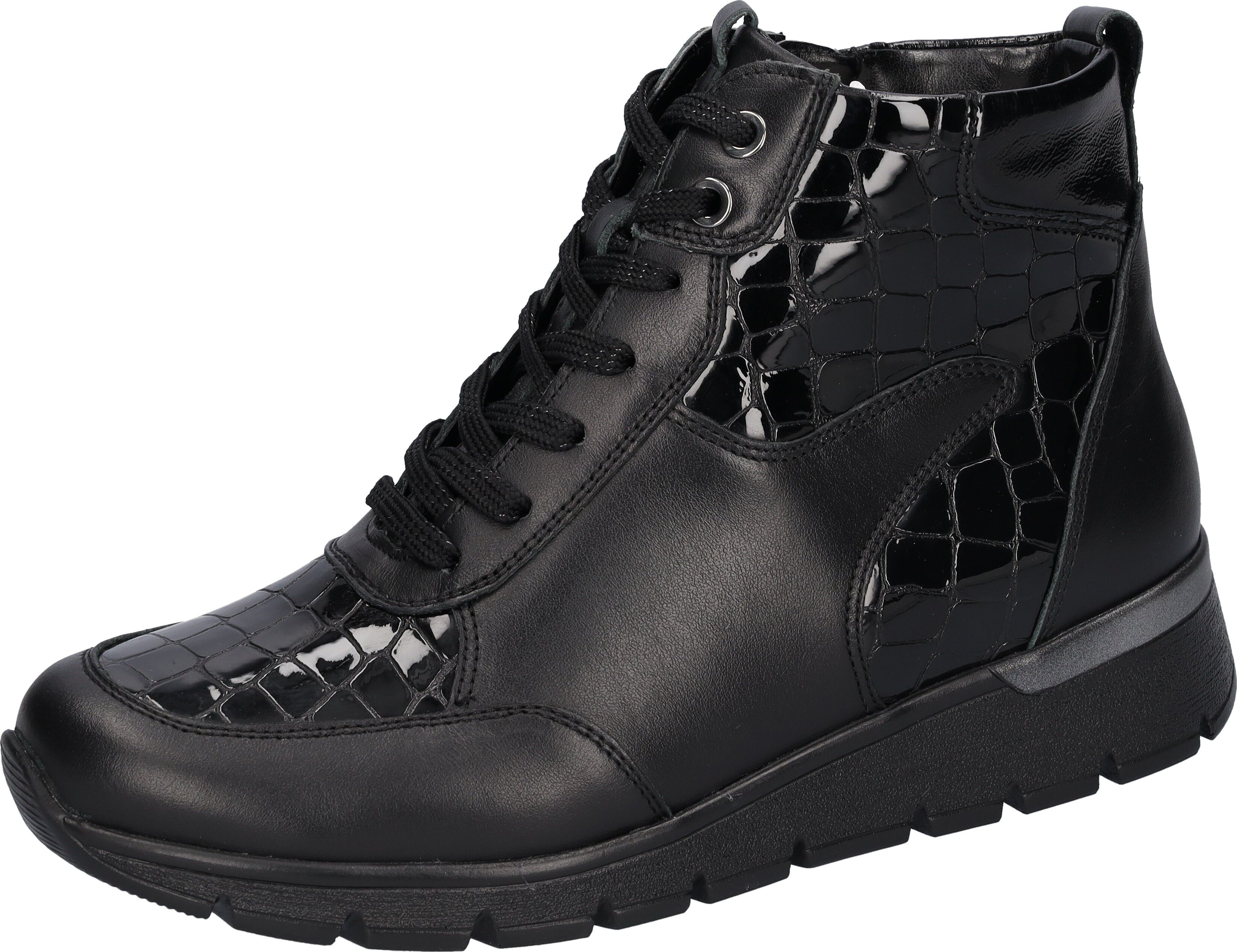 Schnürboots WALDLÄUFER "K-RAMONA", Damen, Gr. 9 (43), Warmfutter, schwarz, Lackleder, Nappaleder, Reptilienprägung, Schuhe Schnürboots, Stiefelette, Bequemschuh mit Innenreissverschluss, K-Weite schwarz 9 (43), Warmfutter
