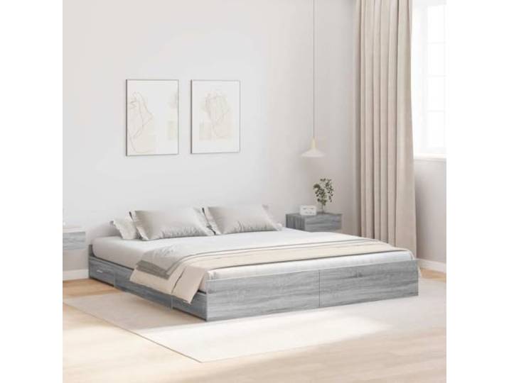 RJPLMFV Bettgestell, Aufbewahrung, Sonoma-Grau, 200 x 200 cm Massives Kiefernholz, langlebig, integrierte Schubladen, praktisches Kopfteil, einfache Reinigung