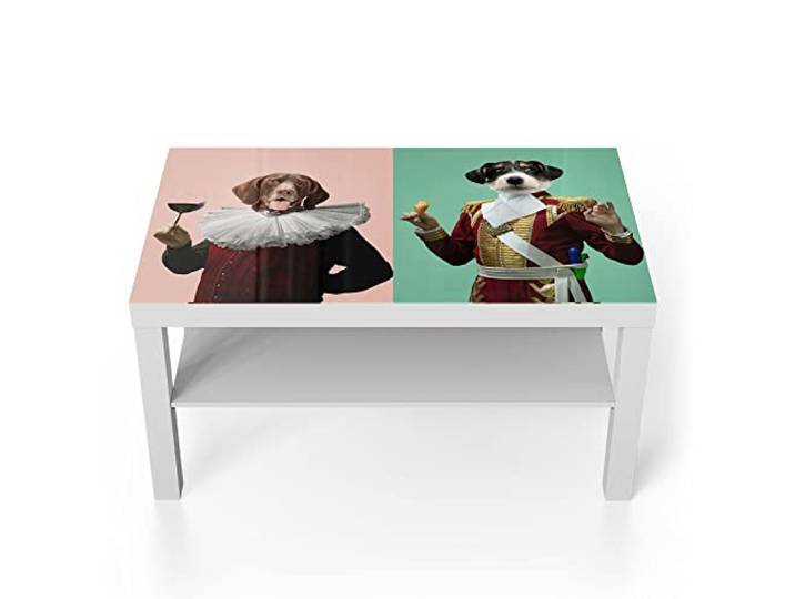DEQORI Glastisch weiß groß 90x50 cm Motiv Aristokraten-Hunde ausgefallener Beistelltisch aus Glas Hochglanz Couchtisch fürs Wohnzimmer moderner Couch Tisch mit Design