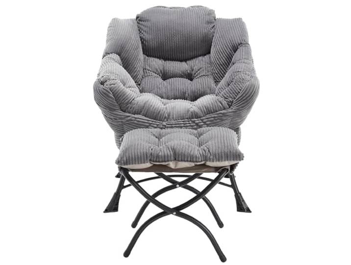 SEEDWAVE Sessel Flanell Armlehnstuhl Ohrensessel mit 1 Fußhocker, 1 Seitentasche, (Relaxsessel mit Hocker), Der Polstersessel mit Stahlgestelle (Grau)