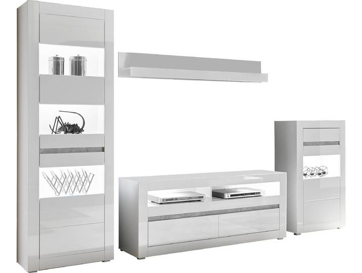 Wohnwand HOME AFFAIRE Carat , weiss (weiß, weiß hochglanz), B:302cm, Kastenmöbel-Sets, Wohnwand, wird jeweils mit zwei Leisten angeliefert, 1 x grau, 1 x weiss