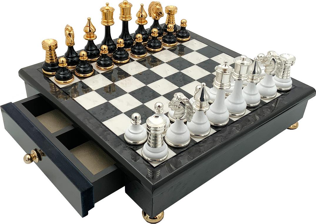 Italfama Schachspiel 32x32cm Staunton 24K Gold Silber 925 König 9cm Lackiert
