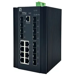 LevelOne 20-Port L2+ Managed Gigabit Industrie Switch, 8x 1GbE RJ45, 8x 1GbE SFP, 4x 1/2.5/10GbE SFP+, DIN-Schiene, -40°C bis 80°C