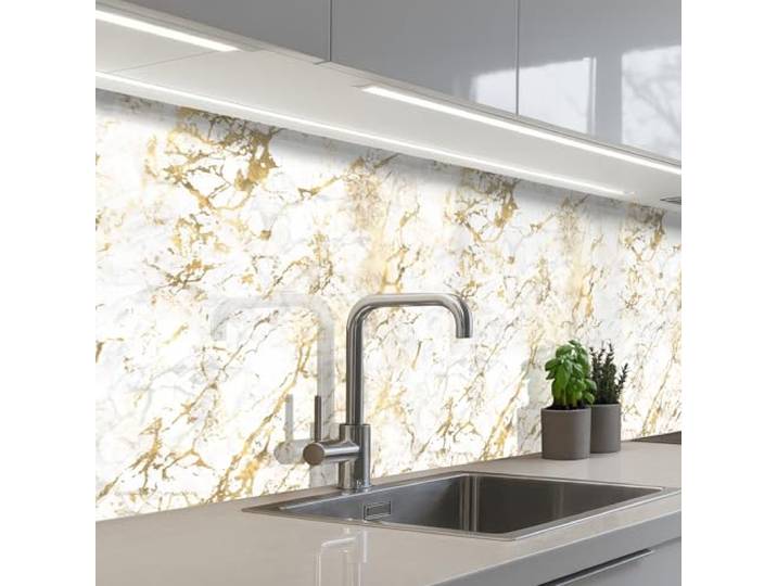 KitchenYeah© Spritzschutz Küchenrückwand Küche Abwaschbar Selbstklebend 80x300 cm - Küchenwand Küchenfront Küchen Rückenwand Wandschutz Goldspritzer - Weiß - Marmor