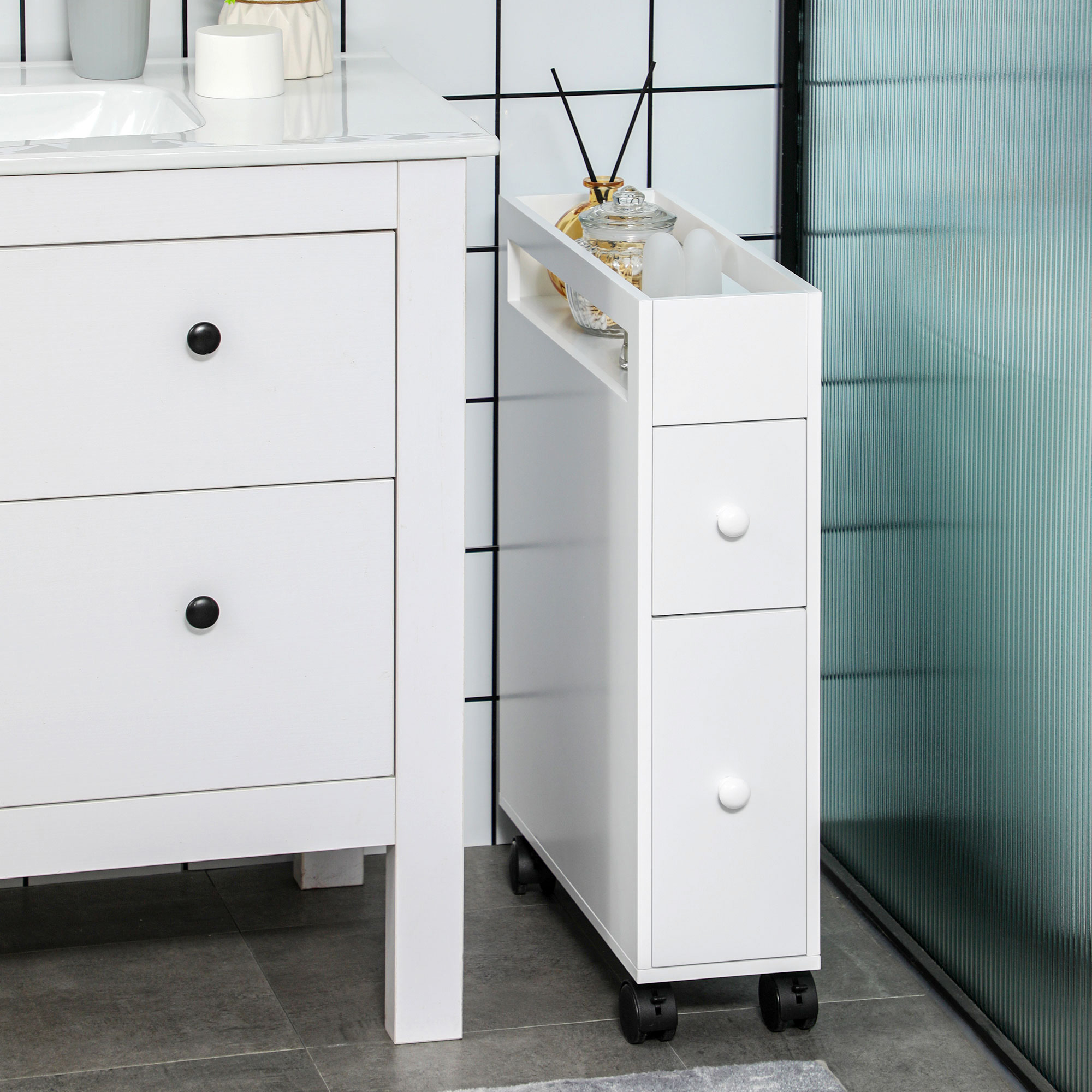 Kleankin Mobiletto Bagno Salvaspazio con 4 Ruote, 2 Cassetti e Ripiano aperto, 16x49.5x66cm, Bianco Aosom