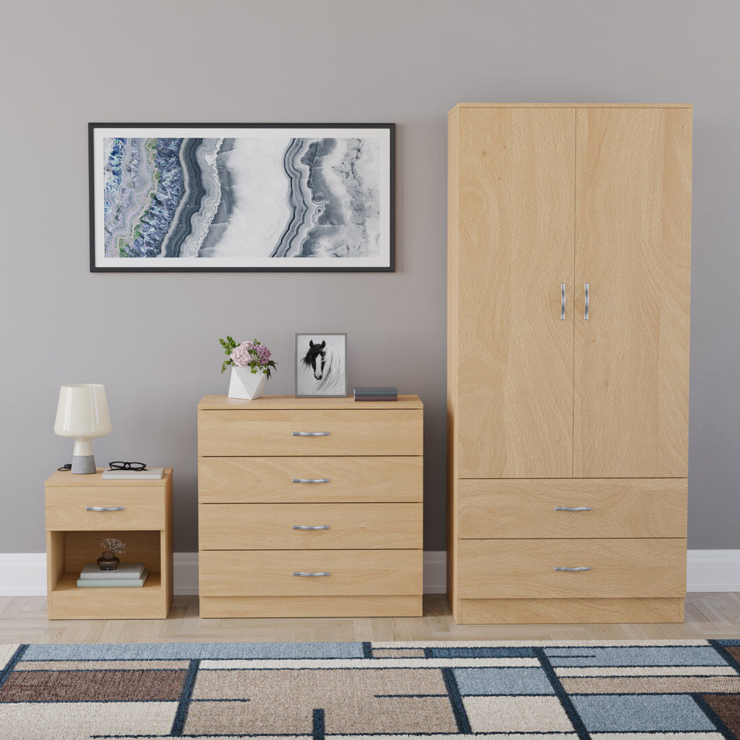 17 Stories Maybery 3 Piece Bedroom Set (1 Drawer Bedside Chest, 4 Drawer Chest, 2 Door 2 Drawer Wardrobe), (4) Pine