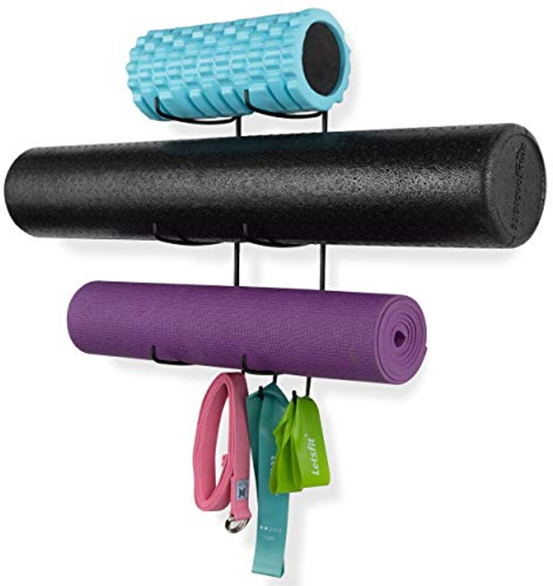 Muurrek voor yogamatjes, weerstandsbanden en foamrollers - 3 haken, zwart metaal