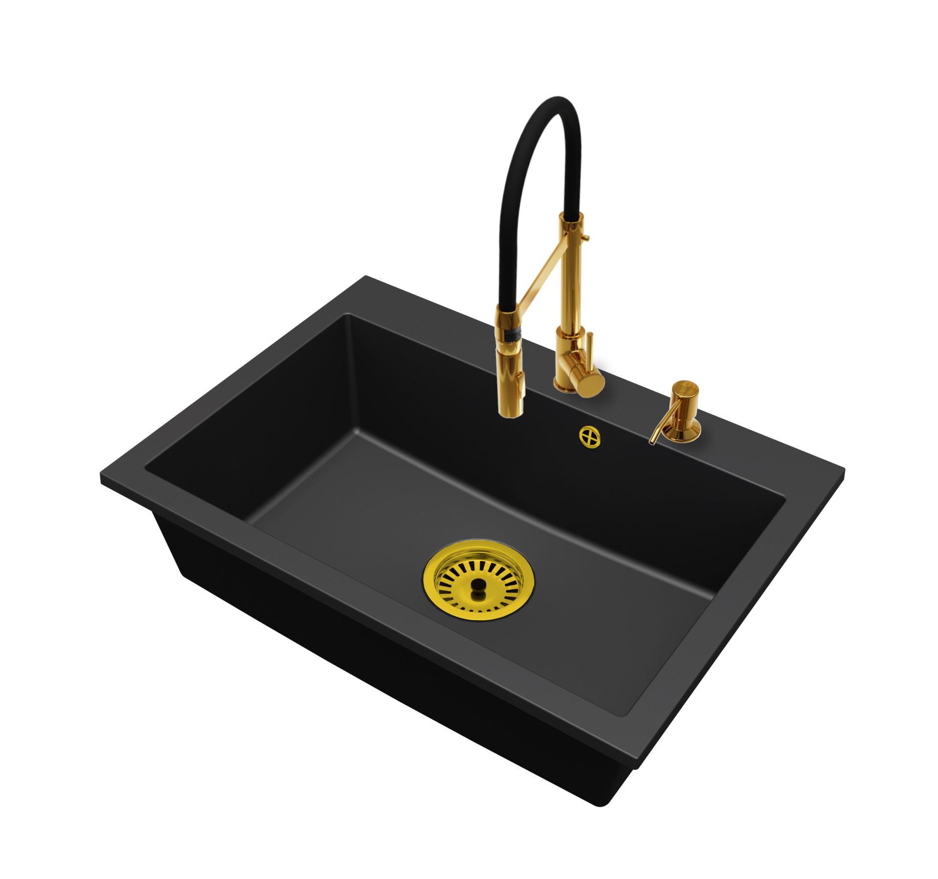 Granitspüle Einbauspüle 1 Becken BRADO Elite 70 mit Armatur Gold, Ablaufgarnitur und Seifenspender