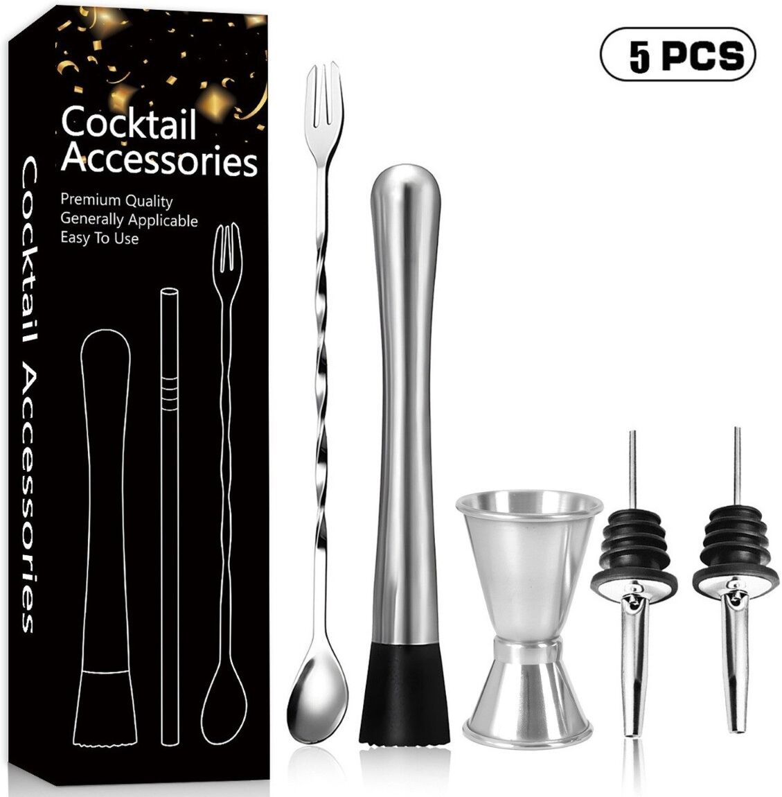 INF 5-teiliges Cocktail-Werkzeugsatz – Edelstahl-Barwerkzeuge mit Cocktailjigger, Stampfer, Bar-Gabel und zwei