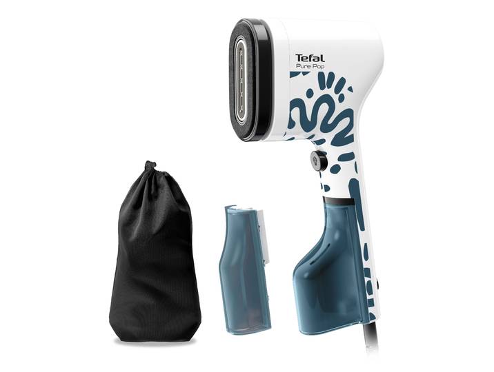 TEFAL Dampfbürste DT2040 Pure Pop Home & Travel , blau (blau, weiß), B:5,7cm H:31,8cm T:14,1cm, Bügeleisen, 20 g/Min., kurze 15 Sek. Aufheizzeit, wendbares Pad-System, 1300 Watt, Dampfbürste