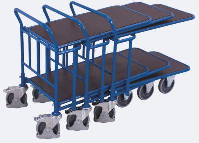 C+C Wagen, Stahl/Siebdruckplatte, Enzianblau/Dunkelbraun, 2 Etagen, L 880 x B 500 mm, mit Längsstreben, TPE-Rollen mit Feststellbremse, bis 400 kg