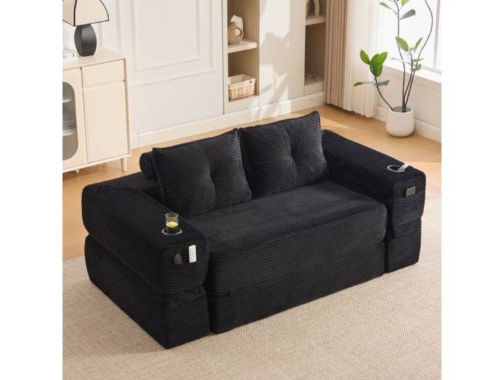 Cord Klappsofa 2 Pers. mit hochdichtem Schaumpolster Taschen Getränkehalter & Memory-Kissen kompakt & bequem