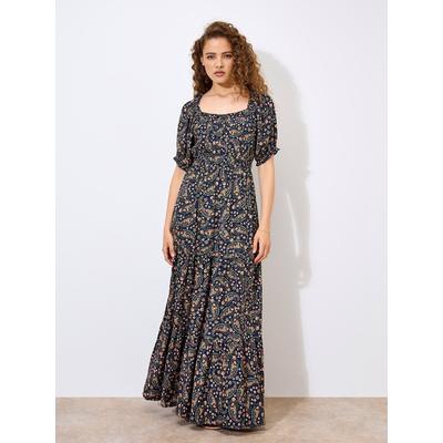 Maxikleid APRICOT "Geblümtes Paisley-Maxikleid", Damen, Gr. XS (34), N-Gr, blau (navy), gewebt, Obermaterial: 100% Viskose CV., geblümt, normal, Puffärmel, Kleider Maxikleid, mit elastischen Details