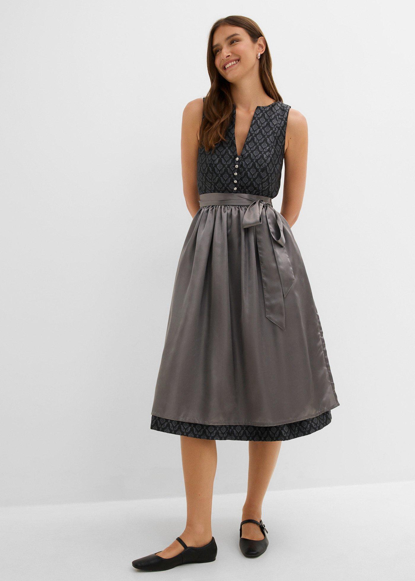 bonprix Dirndl mit Schürze (Doppelpack 2-tlg. Set), grau, Gr.52, Modernes Dirndl aus feinem Jacquard mit Kopfleiste und Schürze aus glänzendem Satin