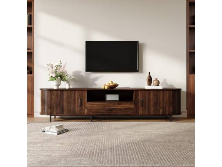 TV-Schrank Walnuss 180cm Für 75 Zoll Mit Schiebetüren Und Rillenoptik Lowboard Mit Schiebetüren, Schublade, Offenen Fächern, Fernsehschrank fur Wohnzimmer