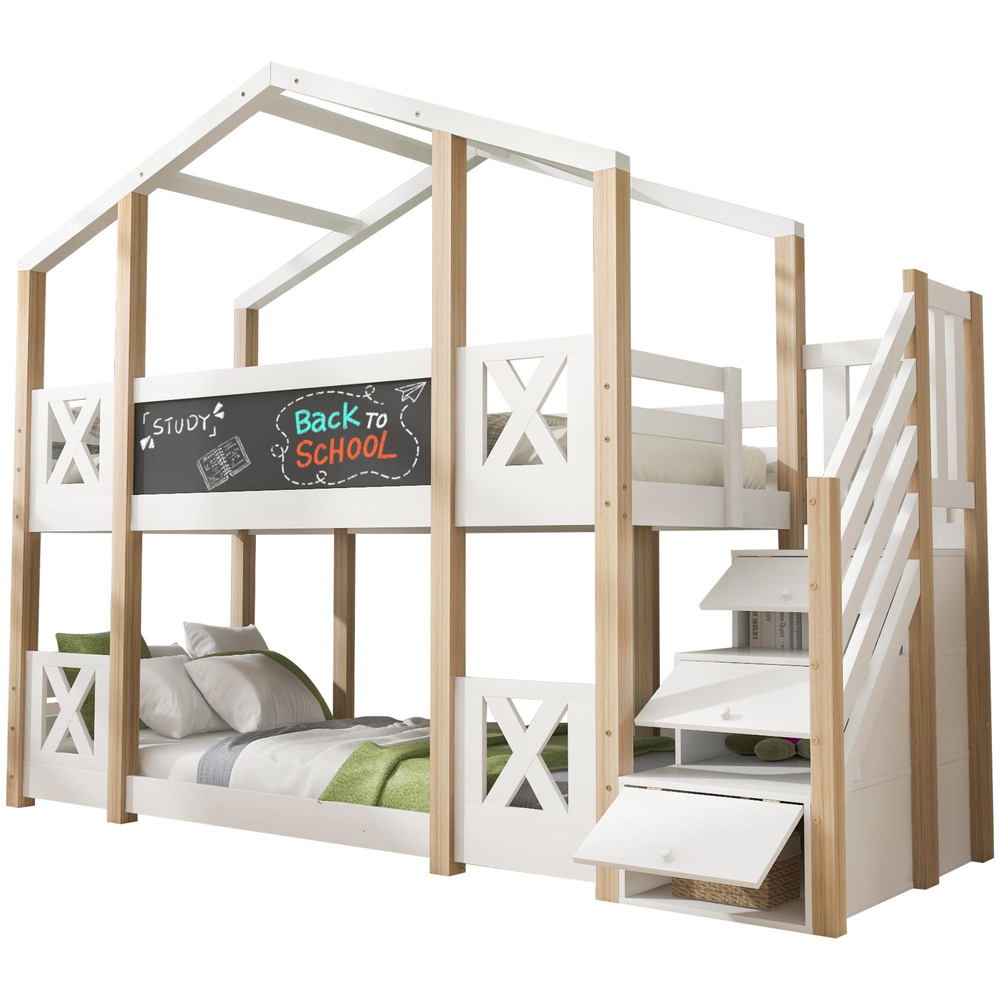 Etagenbett, 90x200 cm, Kinderbett mit 2 Schlafgelegenheiten, Lattenrost und Treppe, Hausbett aus Kiefer, Hochbett inkl. Rausfallschutz