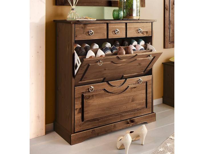 Schuhkommode GOODPRODUCT Klera, Schuhkipper, Dielenmöbel, Landhausstil , braun (dunkelbraun), B:81cm H:93cm T:37cm, FSC-zertifiziertes Massivholz, Sideboards, Schuhkommode, aus massiver Kiefer, FSC, Breite 81 cm, dreifache Schuhhalterung