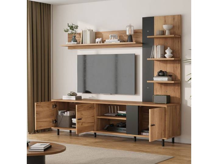 VUENOR Ensemble meuble TV mural 187 5 x 40 x 167 cm bois et noir – 3 placards étagères ouvertes