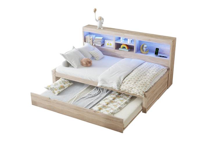 Flieks Schlafsofa 90x200cm Natur LED-Licht Bettseite Staufach Ausziehbett Usb, Naturfarben, Holz, 90x200 cm, Schlafzimmer, Betten