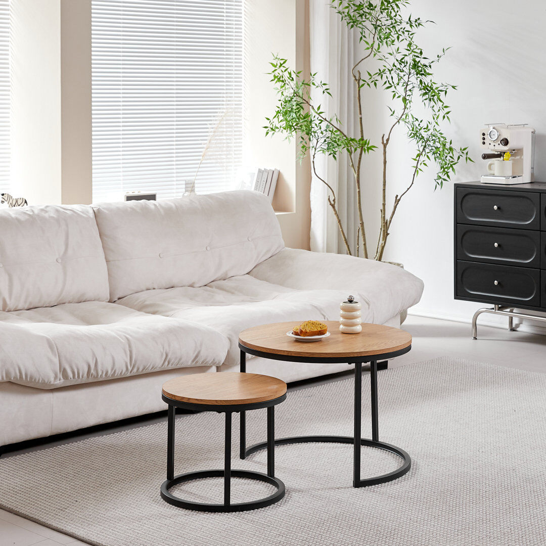 Rio Modern Nesting Coffee Tables, Round Wood Effect MDF Tabletop with Black Metal Frame for Living Room Yellow 44.5cm H X 60cm W X 60cm D