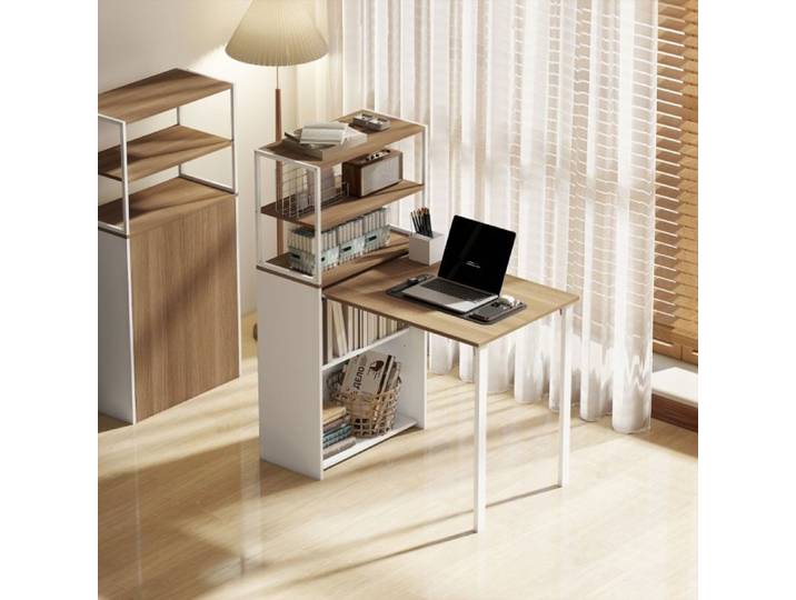Bureau informatique pliable - ZEVKOR - 4 étagères - 105 x 60 cm - Beige aspect bois - Panneaux & pieds métal
