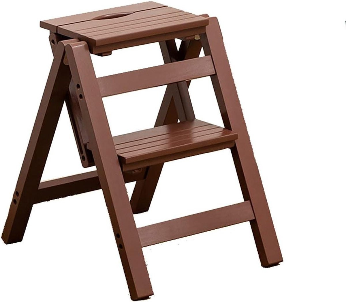 Houten opstap kruk en opvouwbare ladder met decoratieve plank en massieve houten constructie