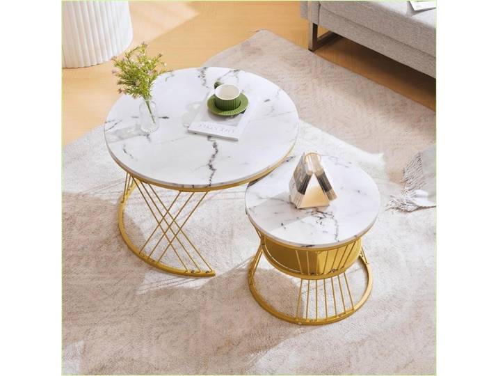 Tables de Salon Empilables - Set de 2 Tables Rondes Marmoréen Blanc - Structure Métallique Dorée