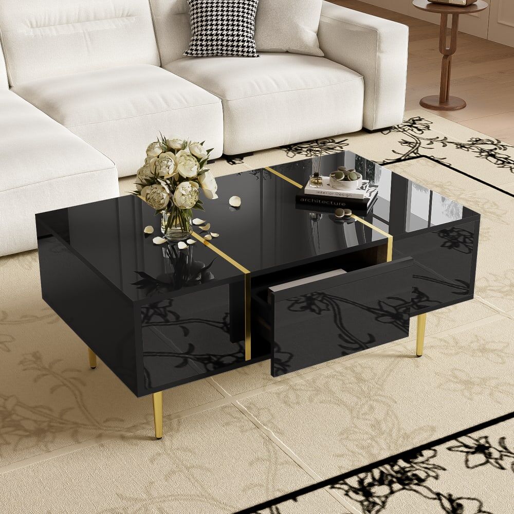 Urban Meuble Table basse noire laquée et accents dorées, 2 tiroirs Noir 100x42x60cm