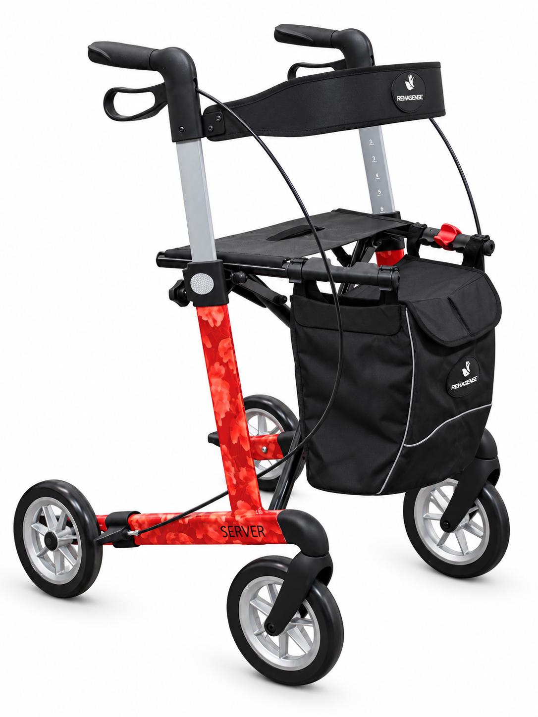 Rehasense Server Art Line Aluminium Leichtgewicht Rollator Red Peony - Sitzhöhe 62 cm, Soft-Räder, faltbar, Größe L