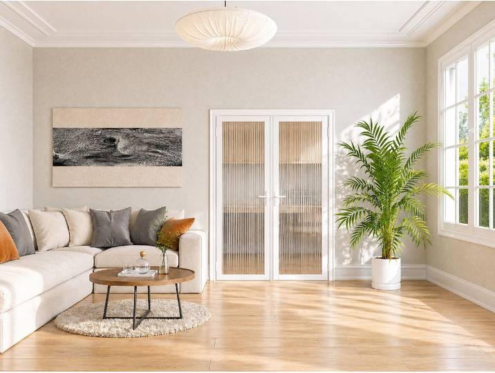 Reversible Innentür mit zwei Flügeln aus Aluminium und Strukturiert Sicherheitsglas - 2 x H204 x B73 cm - Weiß LOXTON