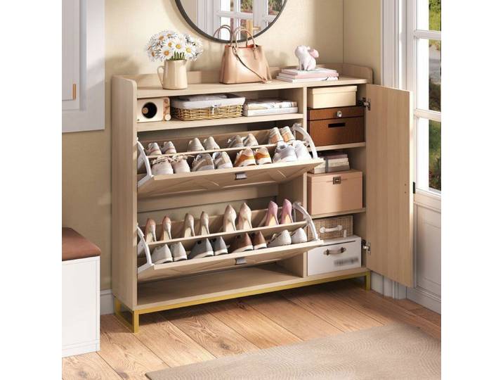 Meuble a Chaussures Entrée 2 Portes Pliant pour 16 Paires Armoire Latérale Étagère Ouverte Haut 110x24x100 cm