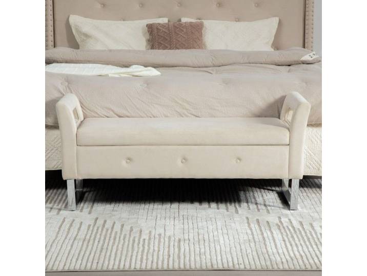 Pouf de rangement velours beige avec accoudoirs 138x51x60.5cm pour salon entrée chambre pratique design moderne