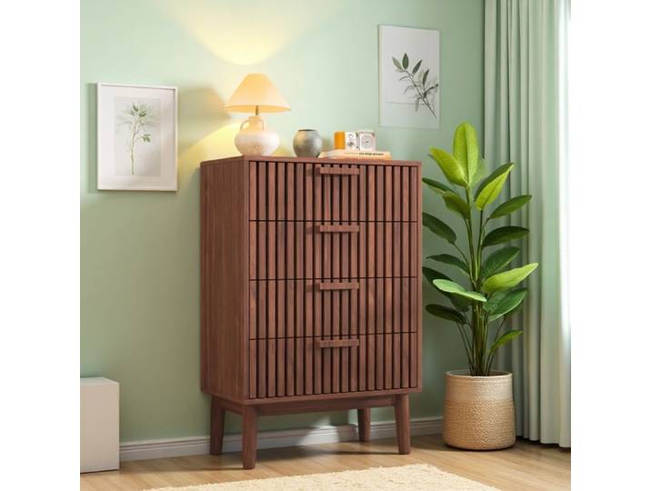 Commode 4 tiroirs Commode Chambre Adulte 60x34x91cm Meuble de Rangement en Bois pour Salon Chambre et Couloir Bois noyer