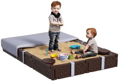 "Qaba Kids Sandbox with Cover, Rectangular 73"" HDPE Large Sand Pit with 4 Seats, Waterproof Bottom Liner, Brown"