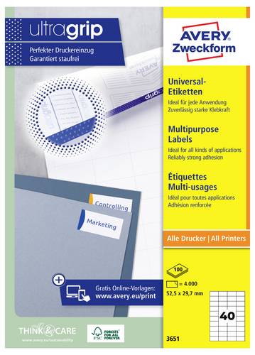 Avery-Zweckform 3651 Universal-Etiketten 52.5 x 29.7mm Papier Weiß 4000 St. Permanent haftend Tintenstrahldrucker, Laserdrucker