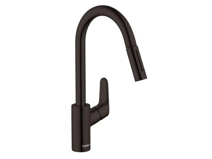 hansgrohe Focus Black High Arc Küchenarmatur, Küchenarmaturen mit herausziehbarem Sprüher, Wasserhahn für Küchenspüle, magnetischer Docking-Sprühkopf, Mattschwarz 04505670, 1,75