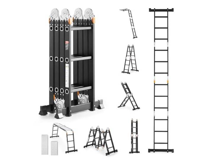 VEVOR Échelle Pliante Polyvalente 7 en 1 Escabeau Télescopique Réglable avec Planche Échafaudage\, Barre Équilibre\, Hauteur de Portée 3\,55 m\, Charge 150 kg\, Cadre A 3 Marches\, pour Extérieur Intérieur