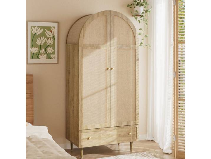 Armoire Chambre Adulte en Bois Armoire de Rangement avec Penderie Armoire 2 Portes Recouvertes de Lin avec Tiroirs H175xL79xB50cm
