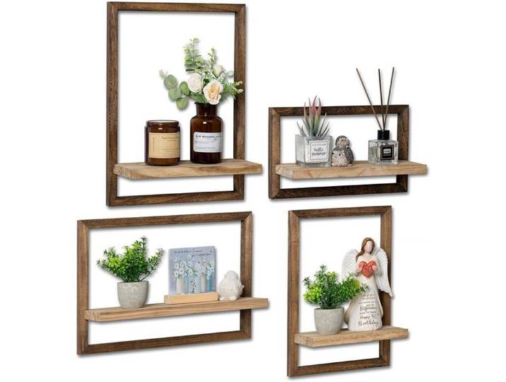 Etagere Murale Bois Étagère Murale Étagère Flottante Lot De 4 Décoration Murale Petite Tablette Murale Salle De Bain Cuisine[BI66]