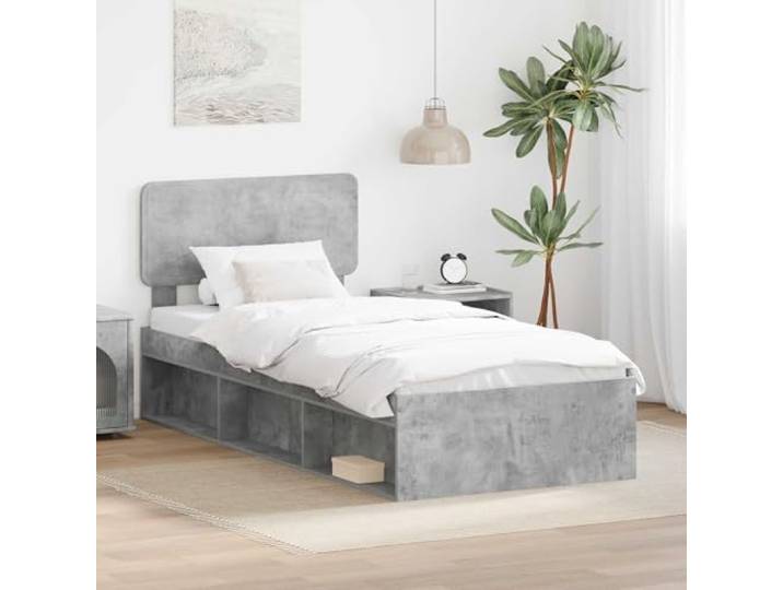 RJPLMFV Bettgestell, 100 x 200 cm, massives Kiefernholz, Betongrau Modernes Design, Kopfteil aus massivem Kiefernholz, Lattenrost, einfache Montage