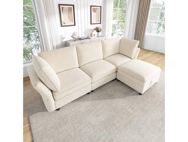 DUlVBPE Modulares Sofa, frei kombinierbares L‑Ecksofa, mit Stauraum‑Hocker, Cloud‑Sofa Sitzgefühl, weich gepolstert, Chenille Stoff, 2 Armlehnenkissen, 4‑Sitzer, für Wohnzimmer & Schlafzimmer, Beige