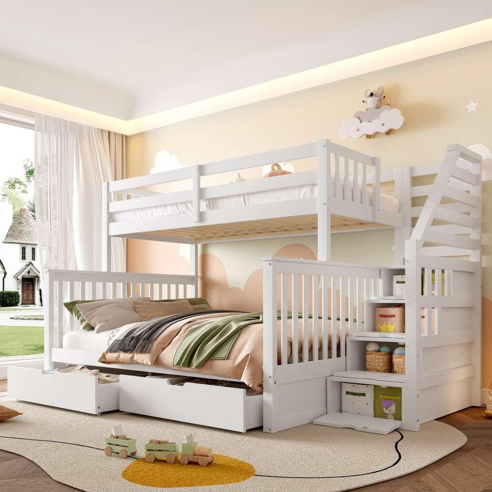 Kombiniertes Kinder- und Jugendbett mit Rollcontainer und Treppe, Kiefernholz, weiß, inkl. Lattenrost, ohne Matratze, 200x90cm & 200x140cm