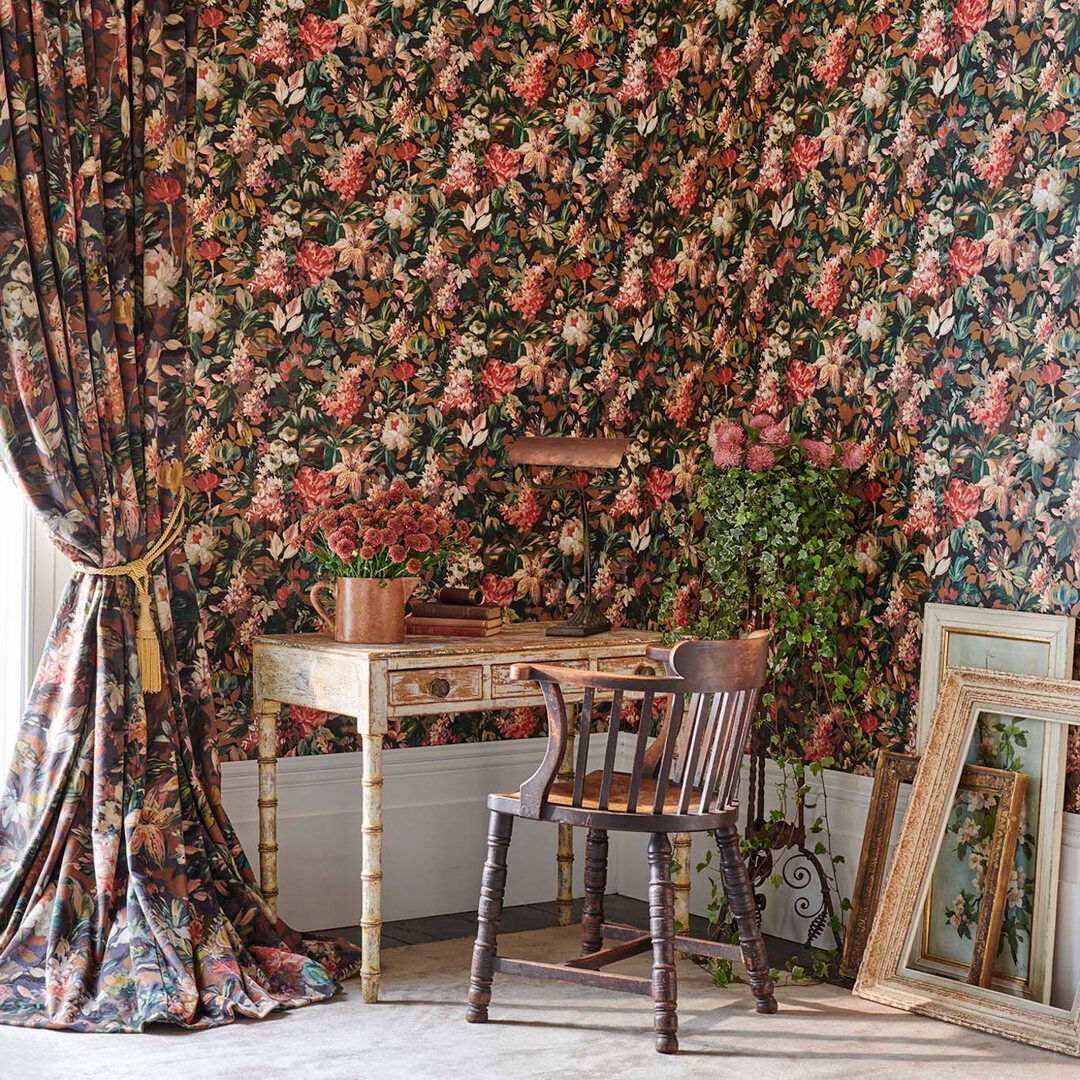 Clarke & Clarke Lilum Marianne 10.05m x 52cm Textured Wallpaper Roll Olive/Raspberry