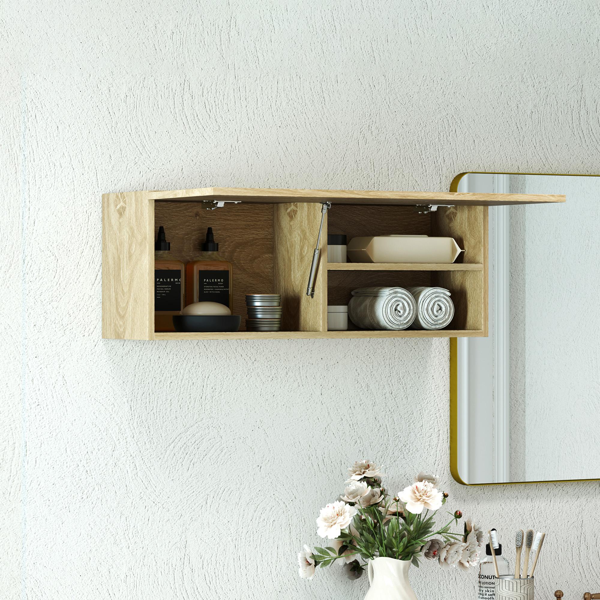 Homcom Mobiletto Bagno Pensile con Anta a Ribalta e Ripiani, 80x25x30 cm, Legno Naturale