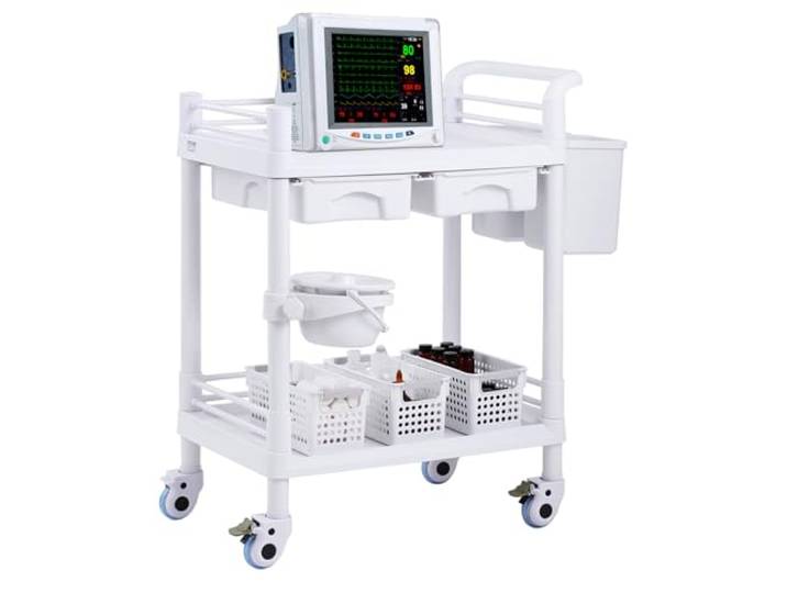VEVOR Laborwagen Medizinwagen mit 2 Ablagen, 2 Schubladen und 4 Rädern, Rollbarer Laborwagen PP-Material, 50 kg belastbarer Servierwagen mit 3 Mülleimern für Labor, Klinik, Krankenhaus, Salon, weiß