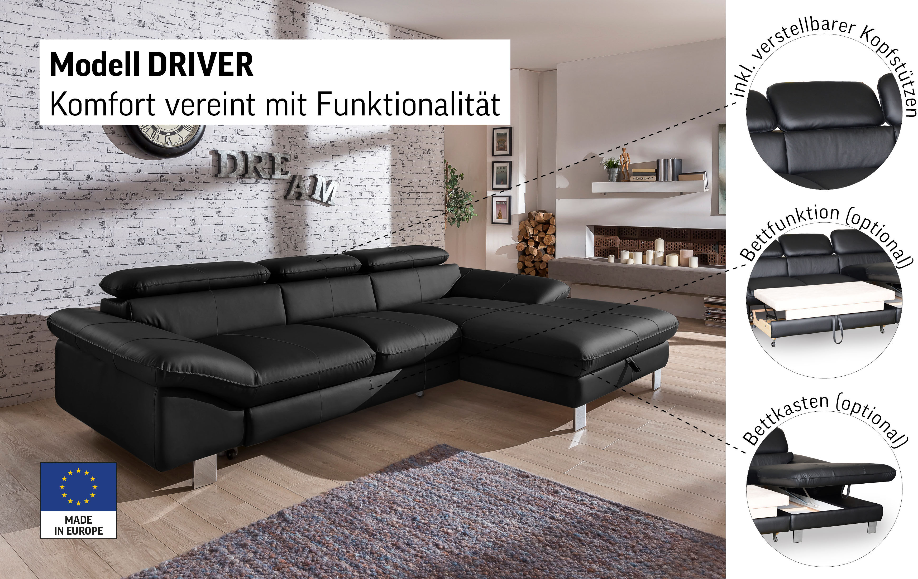 Ecksofa COTTA "Driver L-Form, B: 268 cm, moderne Couch mit Wellenunterfederung, Leder", grau (fango), B:268cm H:73cm T:169cm, LEDER BEEFY (ein abgedecktes Spalt-Rindsleder) im Sitz und Rücken (Korpus in Kunstleder);Luxus-Kunstleder;Kunstleder SOFTLUX;Lede
