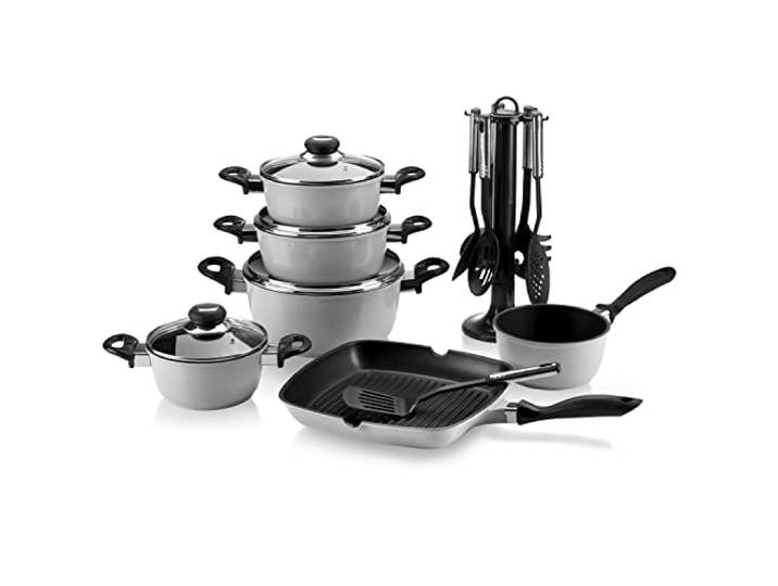 Krüger Aluguss-Set 17-teilig - antihaft-versiegeltes Topf- und Pfannenset mit Küchenhelfer - hohe Hitzebeständigkeit und langanhaltende Wärmespeicherung (Grau)